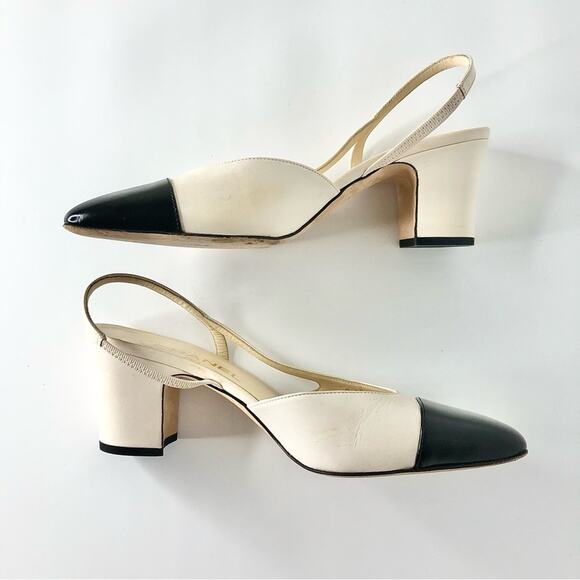 Chanel Interlocking CC Beige Glazed Calfskin Cap Toe Slingback Heeled Pumps 39 - Picture 6 of 14